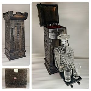 Vintage Castle Drawbridge Decanter + Shot Glasses